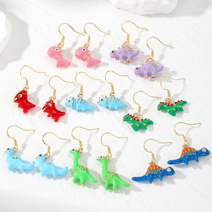 3D Enamel Dinosaur Dangle Earrings Gold Hooks 8 Styles