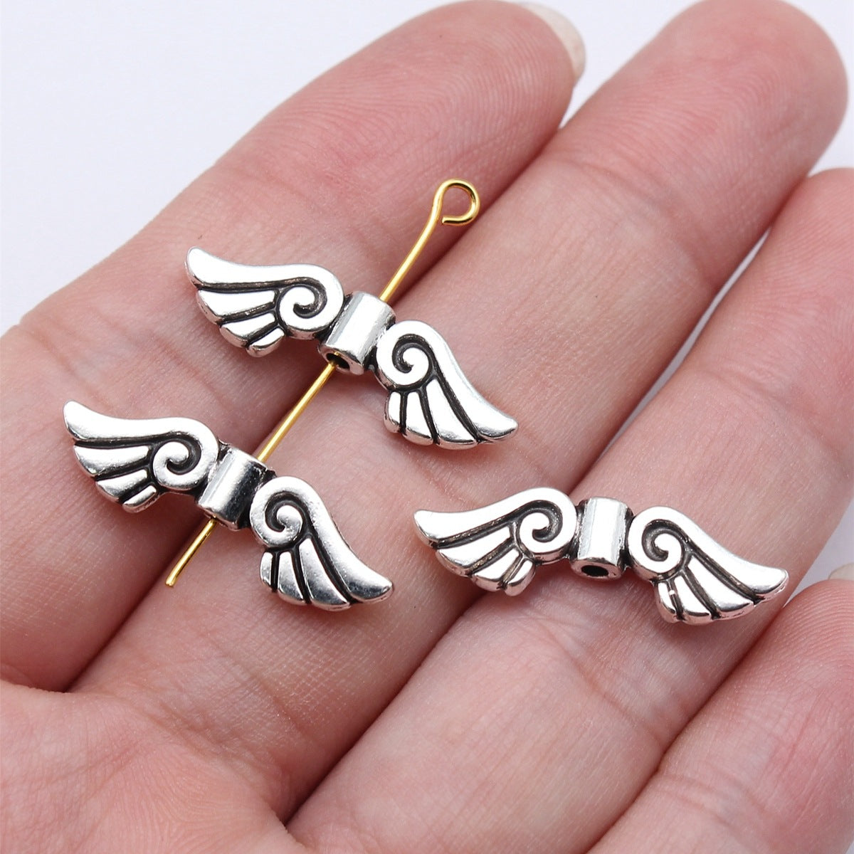 26x8mm 1.5g Antique Silver Zinc Alloy Angel Wing Loose Metal Beads for DIY Jewelry Making