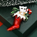 White Cat In Red Christmas Stocking Brooch With Green Leaves view 4