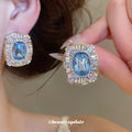 Blue and Pink Crystal Rectangle Statement Stud Earrings view 2