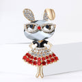 Gold Tone Rhinestone Bunny Girl Brooch Blue Red Skirt view 3