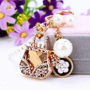 Crystal Evening Bag Keychain with Pearl Daisy and Large Pearl Accents