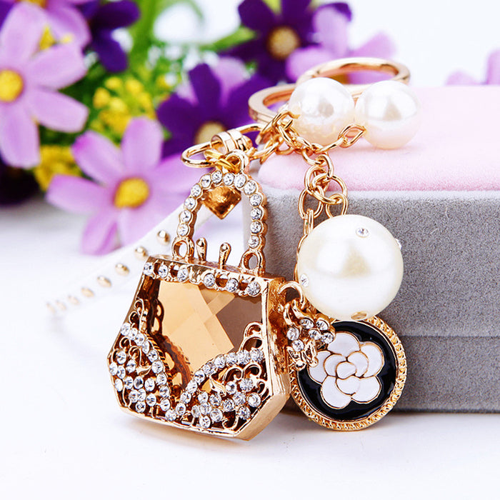 Crystal Evening Bag Keychain with Pearl Daisy and Large Pearl Accents