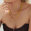 Gold Steel Oval Link Chain Necklace Bracelet Zircon Center view 4