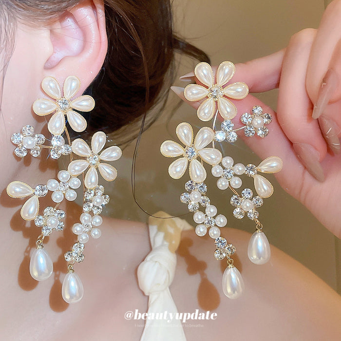 Pearl Petal Floral Cascade Stud Earrings with Polished Metal Tone Details
