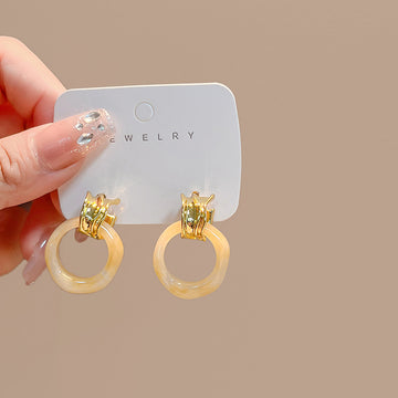 Cream Marble Acrylic Ring Stud Earrings Gold Metal Wrap