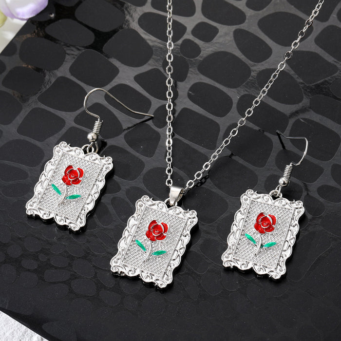 Silver Tone Ornate Red Rose Necklace and Hook Earring Options