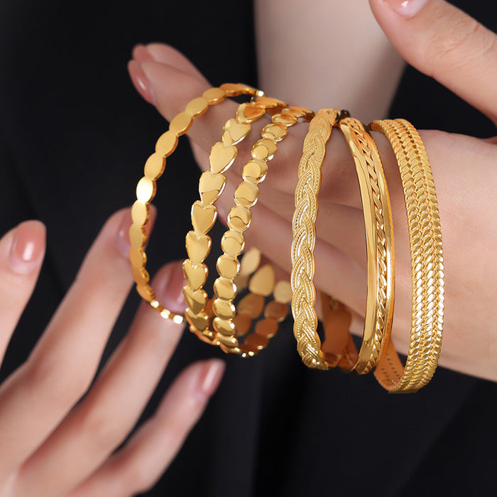 Gold Open Cuff Bangles Heart Oval Braid Scale Designs