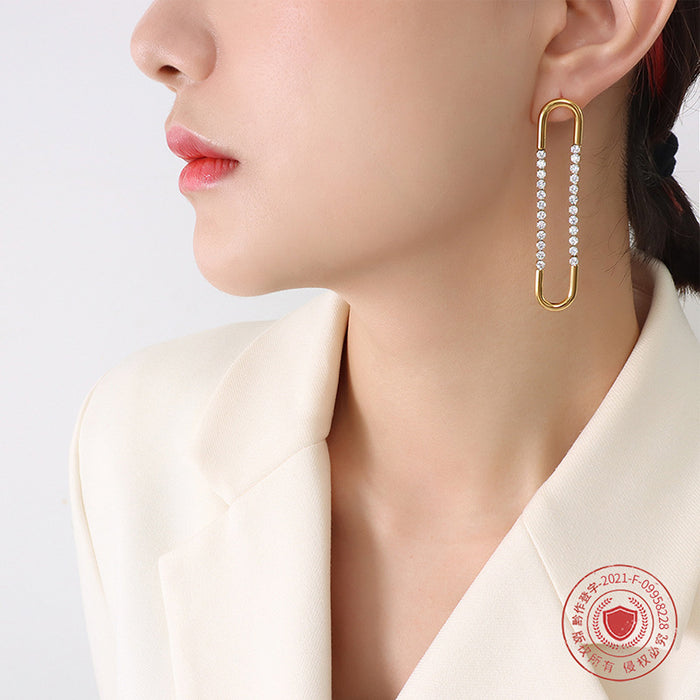 Elongated U Hoop Earrings With Double Row Clear Zircon