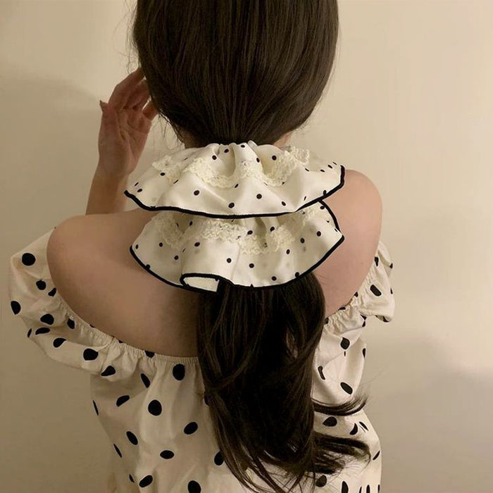 Polka Dot Fabric Oversized Scrunchie With Lace Trim