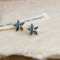Gold Blue Five-Petal Flower Stud Earrings Marquise Stones view 3