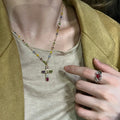 Gold Multicolor Zircon Cross Pendant Beaded Chain Necklace view 3