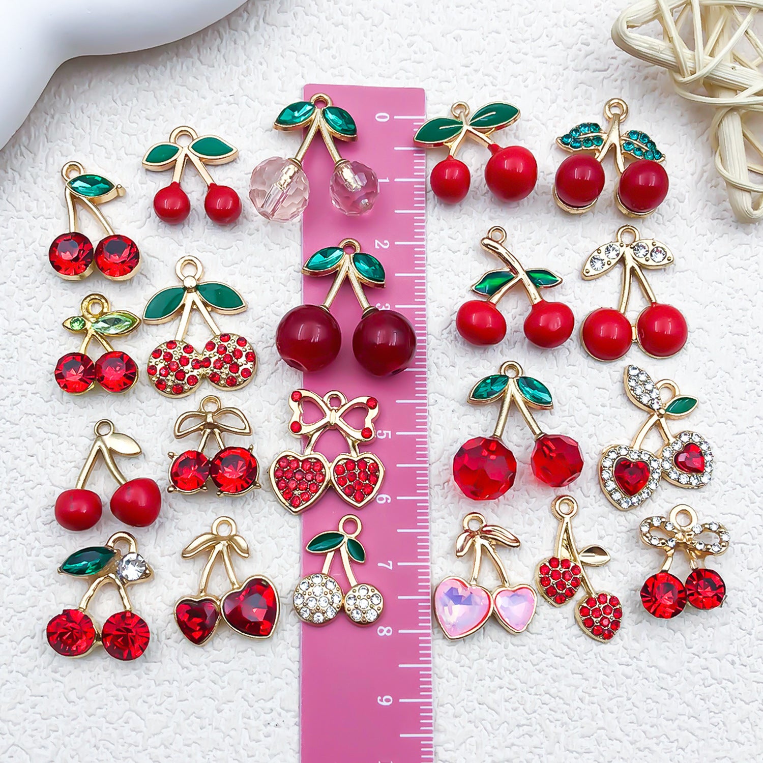 Red Enamel Resin Cherry Strawberry Charm Pendant with Rhinestone for DIY Earrings Necklace