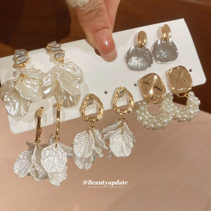 Gold White Petal Pearl Shell Crystal Stud Drop Earring Set