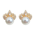 Gold Crown Pearl Stud Earrings Clear CZ Stone Accents view 5
