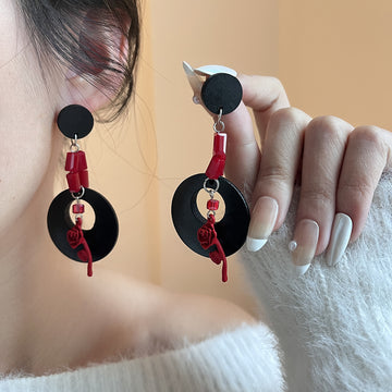 Black Hoop Red Rose Two Tone Statement Stud Earrings