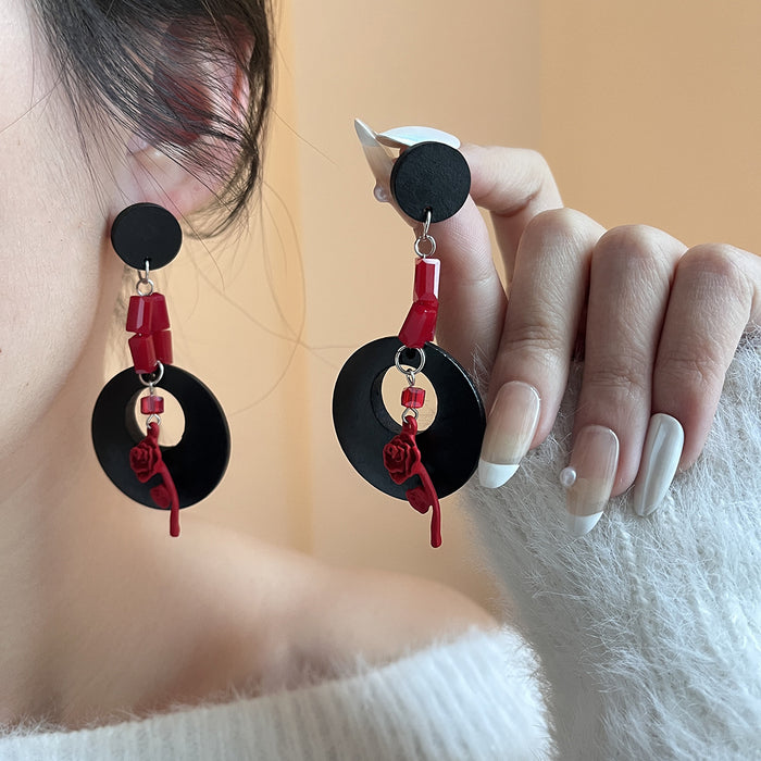 Black Hoop Red Rose Two Tone Statement Stud Earrings