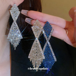 Blue and Clear Crystal Bow Fringe Statement Drop Earrings