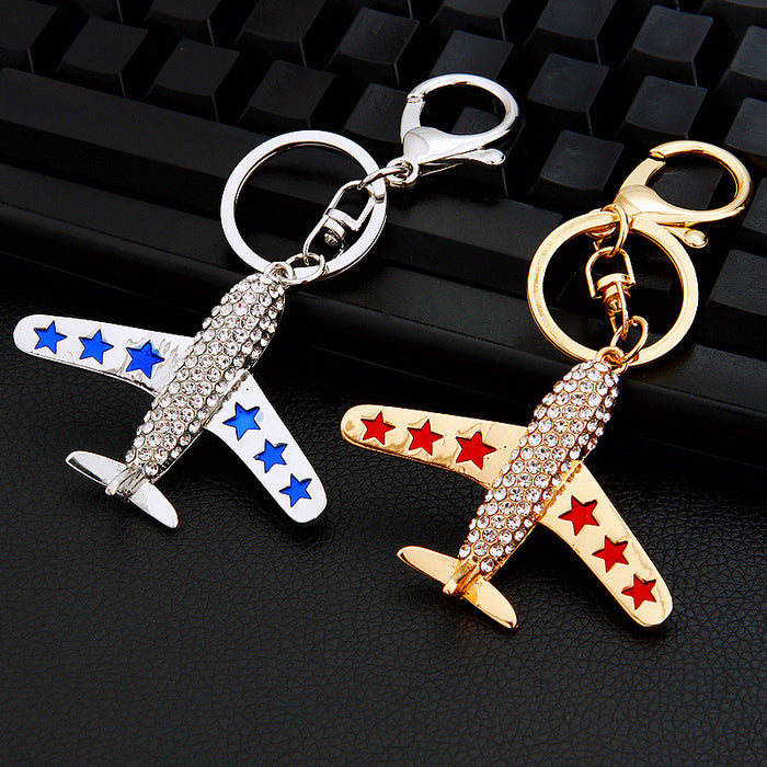 Jeweled Fighter Jet Keychains in Gold and Silver with Braided Loop Options