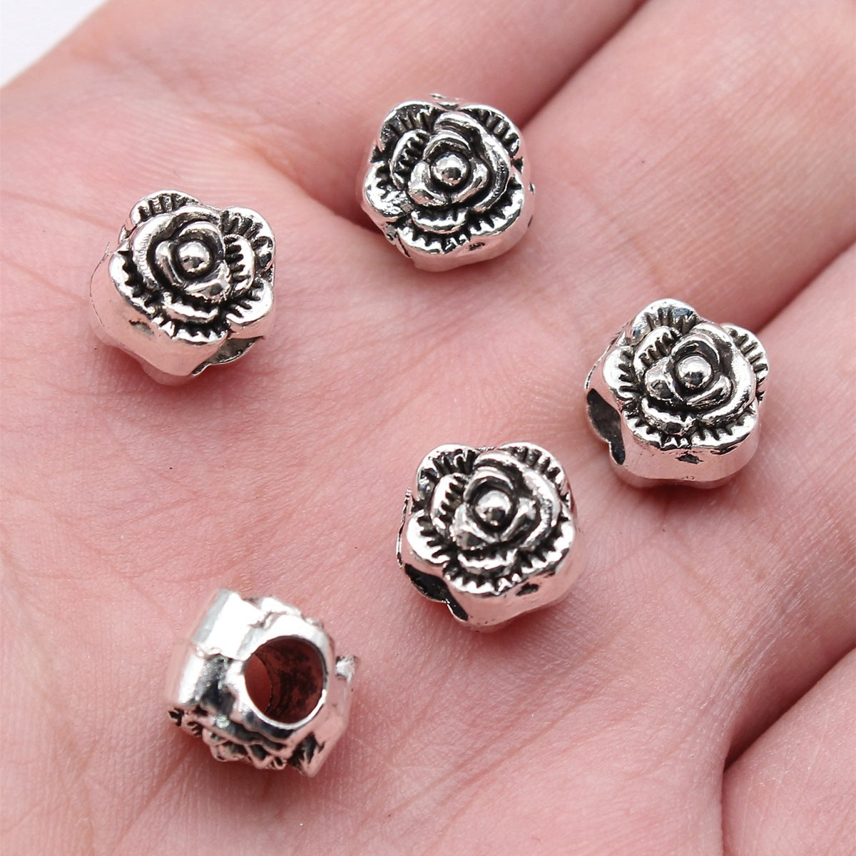 10x9x9mm 1.9g Antique Silver Zinc Alloy Flower Large Hole Loose Metal Beads for Bracelet Jewelry Making