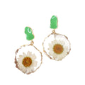 Green Enamel Stud White Daisy Resin Drop Earrings Gold Rim view 4
