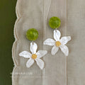 Green Resin Stud White Flower Drop Earrings Gold Center view 1