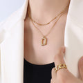 Double Layer Geometric Square Pendant Necklace Gold Steel view 4