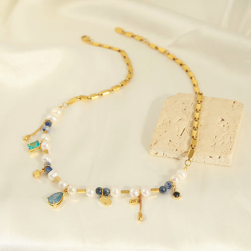 Display view of pearl and gemstone charm necklaces in main image 2.