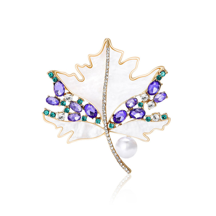 Purple Crystal and Shell Effect Maple Leaf Brooch in Two Finishes