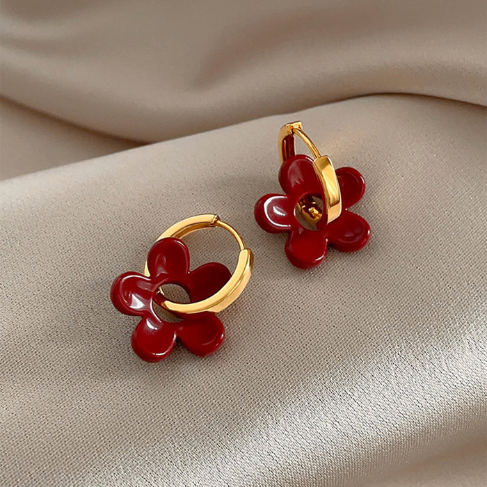 Red Flower and Gold Tone Huggie Drop Earrings with Detailed Finish
