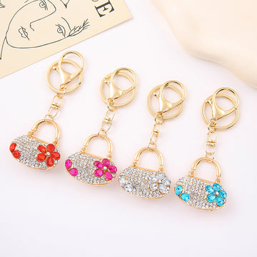 Rhinestone Mini Handbag Keychain Metal Flower Pendant Charm
