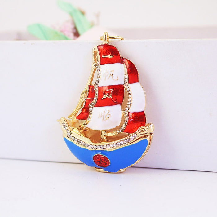 Chinese Style Rhinestone Dragon Boat Sailboat Zinc Alloy Keychain Charm