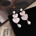 Pink Double Heart Pearl Look Long Dangle Stud Earrings view 2