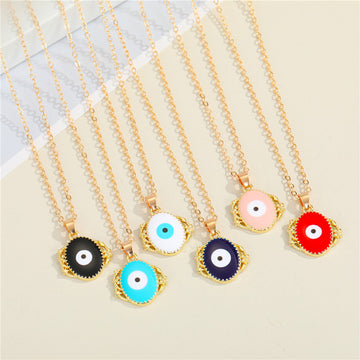 Gold Tone Ornate Round Evil Eye Pendant Necklaces in Six Colors