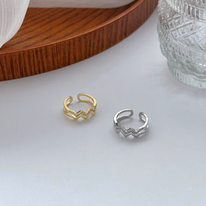 Adjustable Open Wave Double-Band Rhinestone Ring in Zinc Alloy