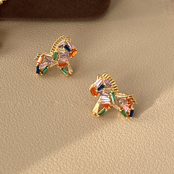 Gold Multicolor Baguette Horse Studs Pearl Bead Necklace