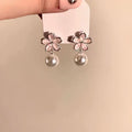 Pink Flower Pearl Drop Silver Tone Dangle Stud Earrings view 2