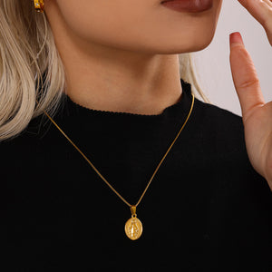Gold Virgin Mary Oval Medal Box Chain Necklace Stainless