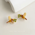 Gold Tone Brown Bird Green Flower Painted Stud Earrings view 4