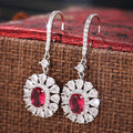 Silver Tone Red Center Flower Drop Leverback Earrings view 2