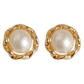 Gold Tone Woven Round Frame Freshwater Pearl Stud Earrings view 5