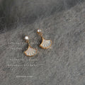 Gold Tone Clear Stone Top And White Ginkgo Leaf Stud Earrings view 6