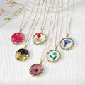 Round Birth-Flower Pressed Botanical Pendant Necklaces in Nineteen Designs view 2