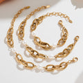 Gold Oval Link Chain Bracelet with White Shell Beads view 3
