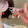 Red Horse and Pearl Bow Stud Earrings With Polished Metal Details view 1