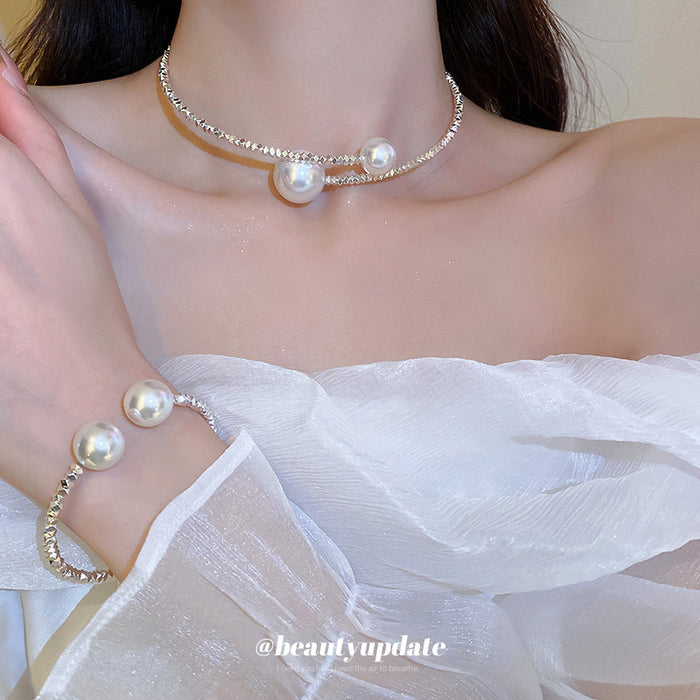 Silver Open Pearl Chokers And Cuff Bracelet Three Styles