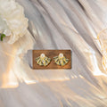 Gold Fan Shell Stud Earrings Pearl Crystal Accent Pair view 6