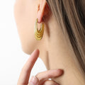 Layered U Shape Hollow Earrings Ribbed Gold Or Steel Metal view 1
