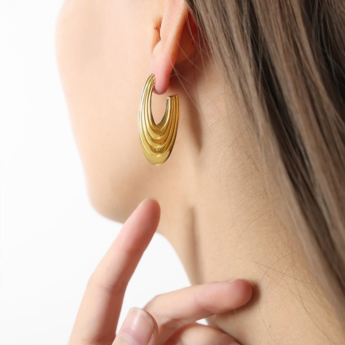 Layered U Shape Hollow Earrings Ribbed Gold Or Steel Metal