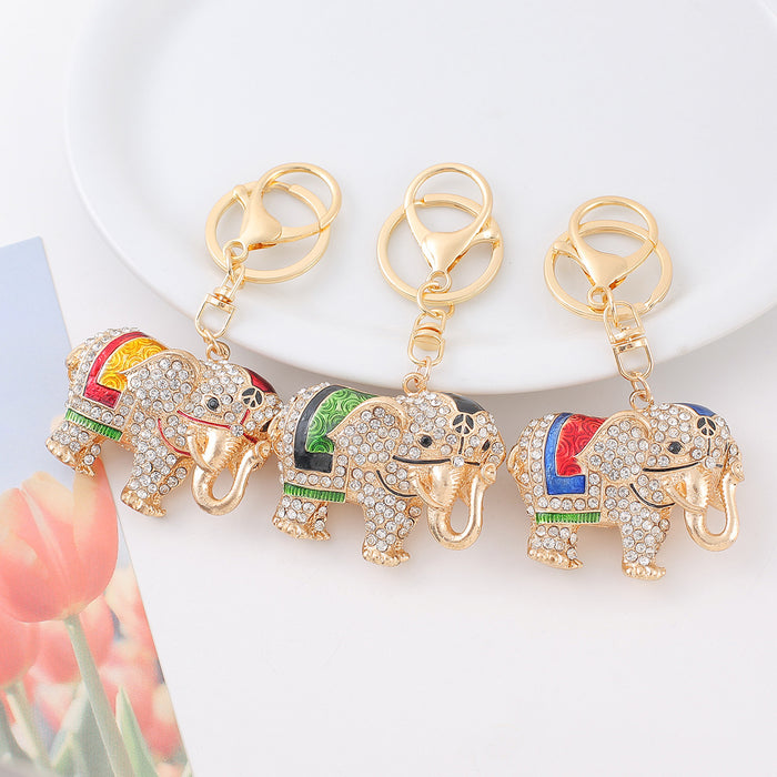 Rhinestone Enamel Elephant Keychain Gold Clasp Three Colors